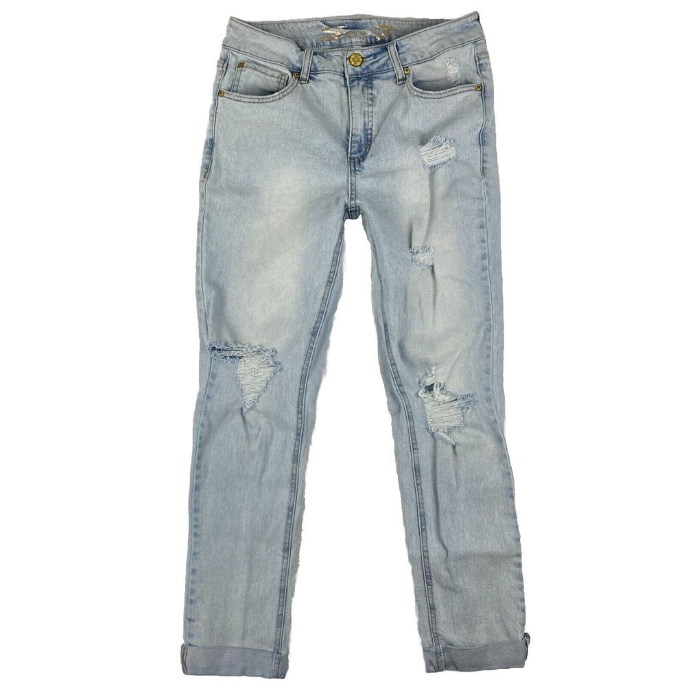 Seven 7 Womens Weekend Slim Fit Jeans Mid Rise Blue Rolled Hem Distressed Size 6